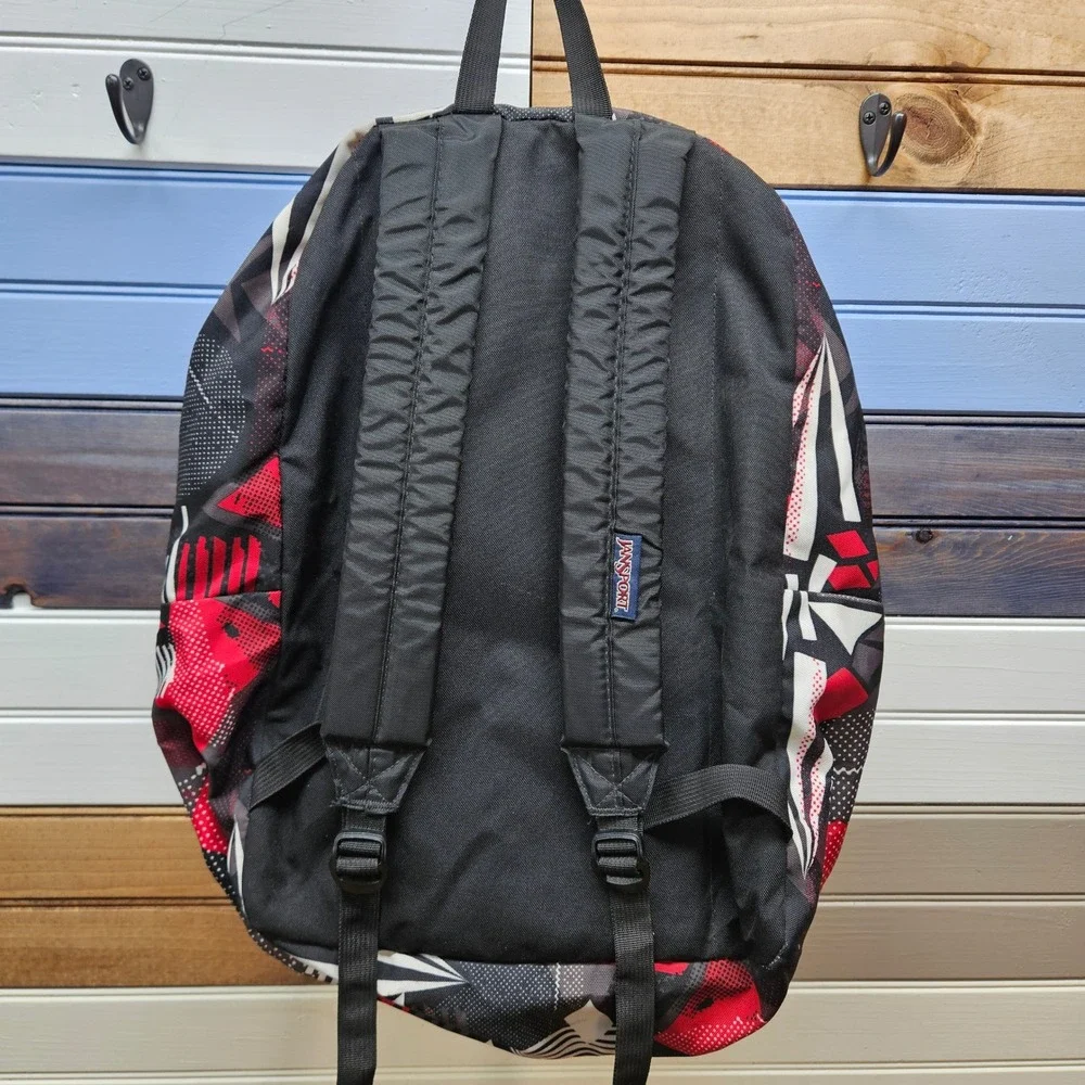 JanSport SuperBreak Backpack Red Black White Geometric Abstract Print Bag